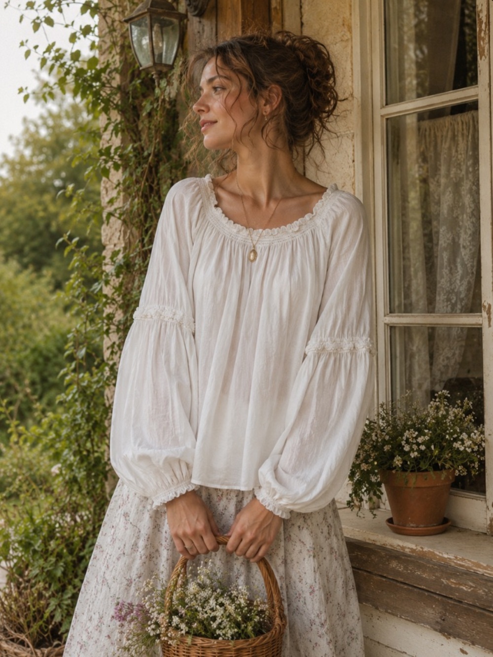 Tahari Petite Small White 100% Cotton Smocked Peasant Blouse Boho Balloon Sleeve